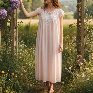 Vintage Blush Baby Pink Pleated Nightgown Pearls Cottagecore Coquette Romantic